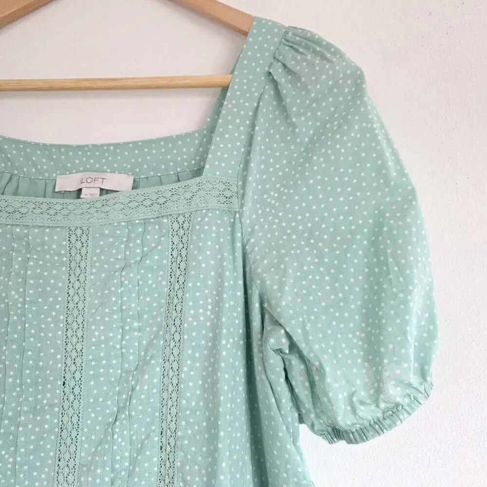 LOFT Mint Green Polka Dot Puff Sleeve Lace Trim Cotton Tiered Peplum Top Medium